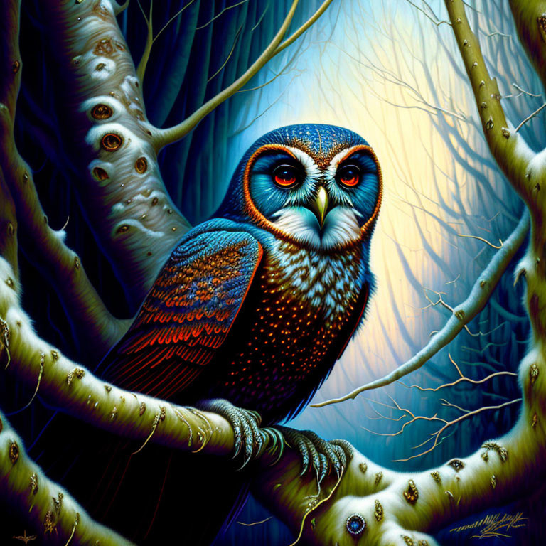 Colorful owl perched on branch in twilight forest scene