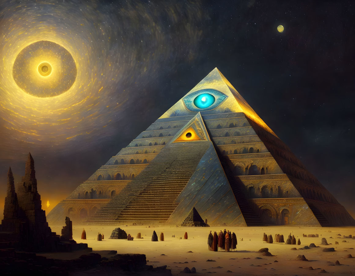 Group of People at Eye Motif Pyramid Under Night Sky