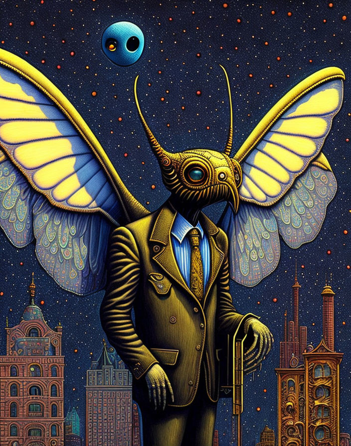 Anthropomorphic moth in suit with cane under starry sky and whimsical buildings