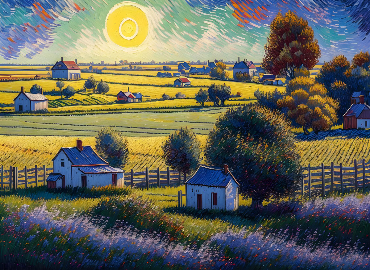 Vibrant pastoral scene with small houses in golden fields under a stylized sun