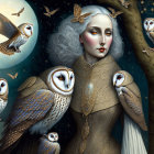 Pale-skinned woman with red lips among barn owls in moonlit setting.