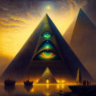 Ethereal scene: Eye-adorned pyramids under starry sky