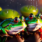 Vibrant green frogs with red eyes under falling water droplets on dark background with yellow fruits.