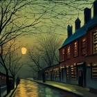 Tranquil Night Scene: Moonlit Street with Houses and Trees