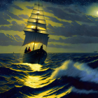 Moonlit sailboat navigating turbulent seas at night