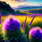 Scenic landscape digital artwork: purple thistle flowers, golden field, distant hills, sunset sky