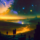 Fantastical landscape with silhouetted figures, castle, and glowing river