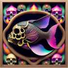 Surreal gold-patterned fish with skull head in swirling frame