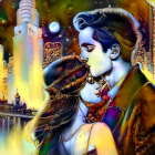 Tender embrace of couple against night cityscape