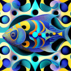 Colorful digital artwork: Stylized fish with intricate patterns in blue, yellow, and black on