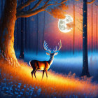 Majestic stag in mystical forest under moonlit sky