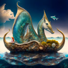 Digital artwork featuring ornate sea creatures in surreal ocean scene