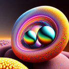 Colorful surreal digital artwork featuring glossy spheres and iridescent loops on warm orange sky.