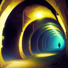 Curved illuminated tunnel with vibrant yellow and blue lights