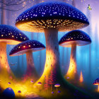 Fantastical forest scene with oversized luminous mushrooms under starry sky