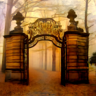 Enchanted forest path with autumn trees and ornate gate