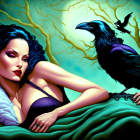 Dark-haired woman with pale skin beside a black raven in a mystical forest.