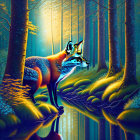 Colorful Fox in Luminous Forest with Reflective Water