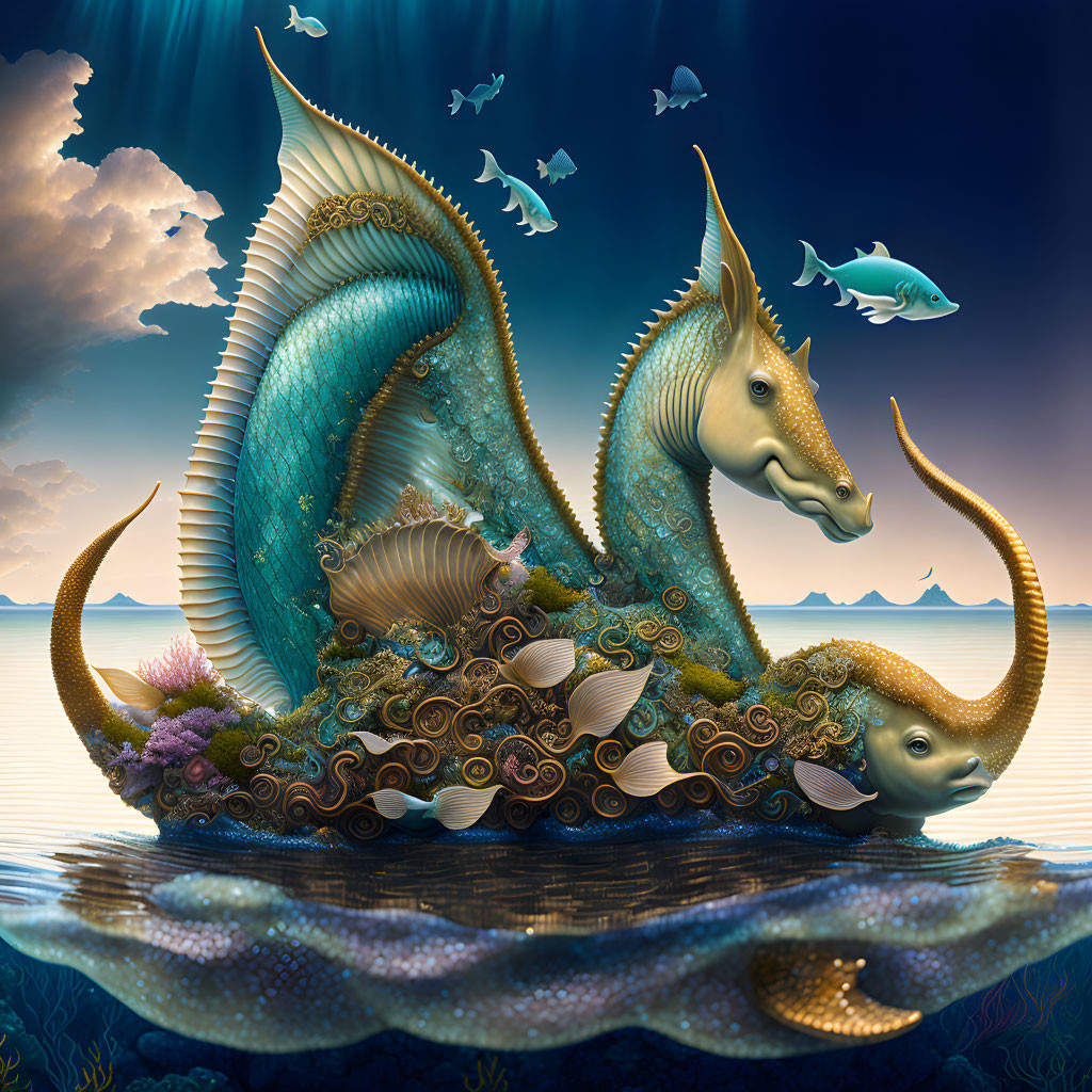 Digital artwork featuring ornate sea creatures in surreal ocean scene