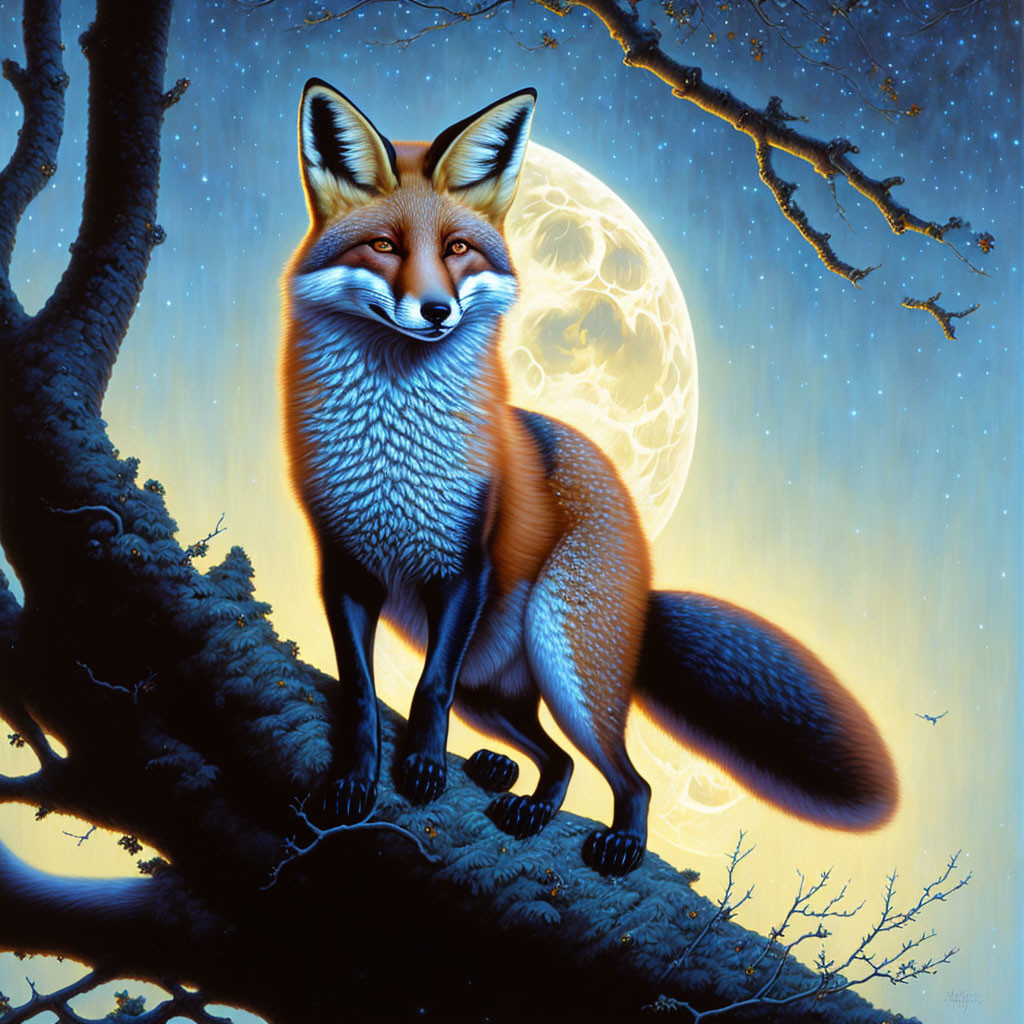 Fox perched on tree branch under full moon and starry sky