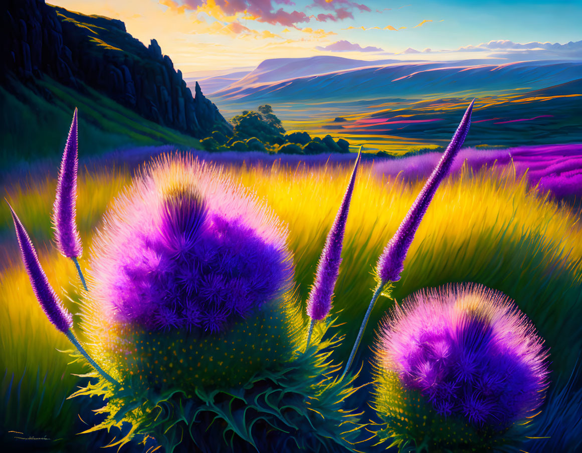 Scenic landscape digital artwork: purple thistle flowers, golden field, distant hills, sunset sky