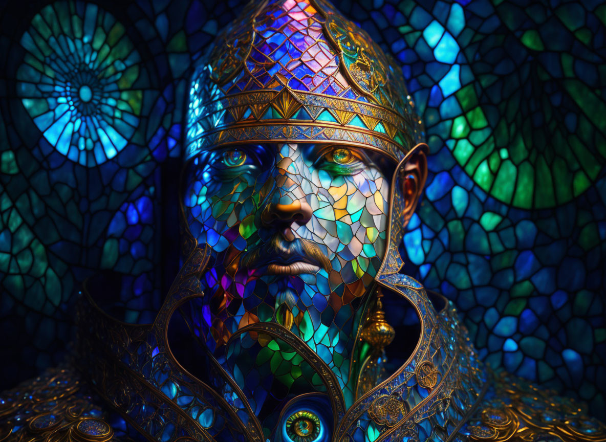 Colorful Stained Glass Texture Portrait with Ornate Crown on Mosaic Background