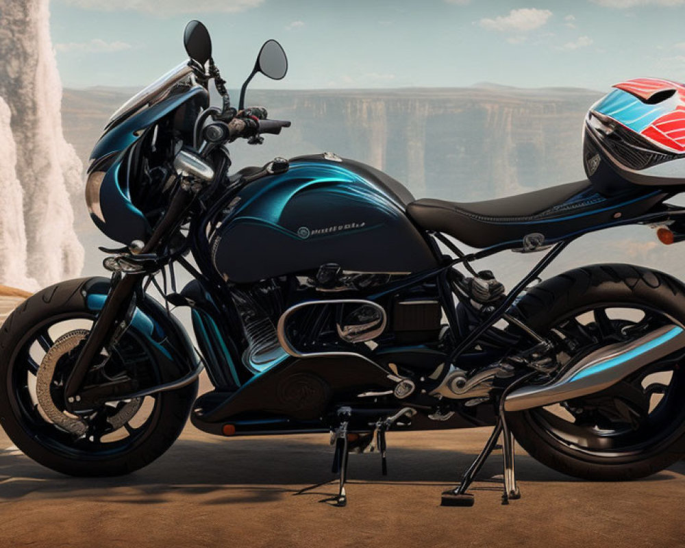 Black and Blue Motorcycle on Desert Road with Canyon and Waterfall