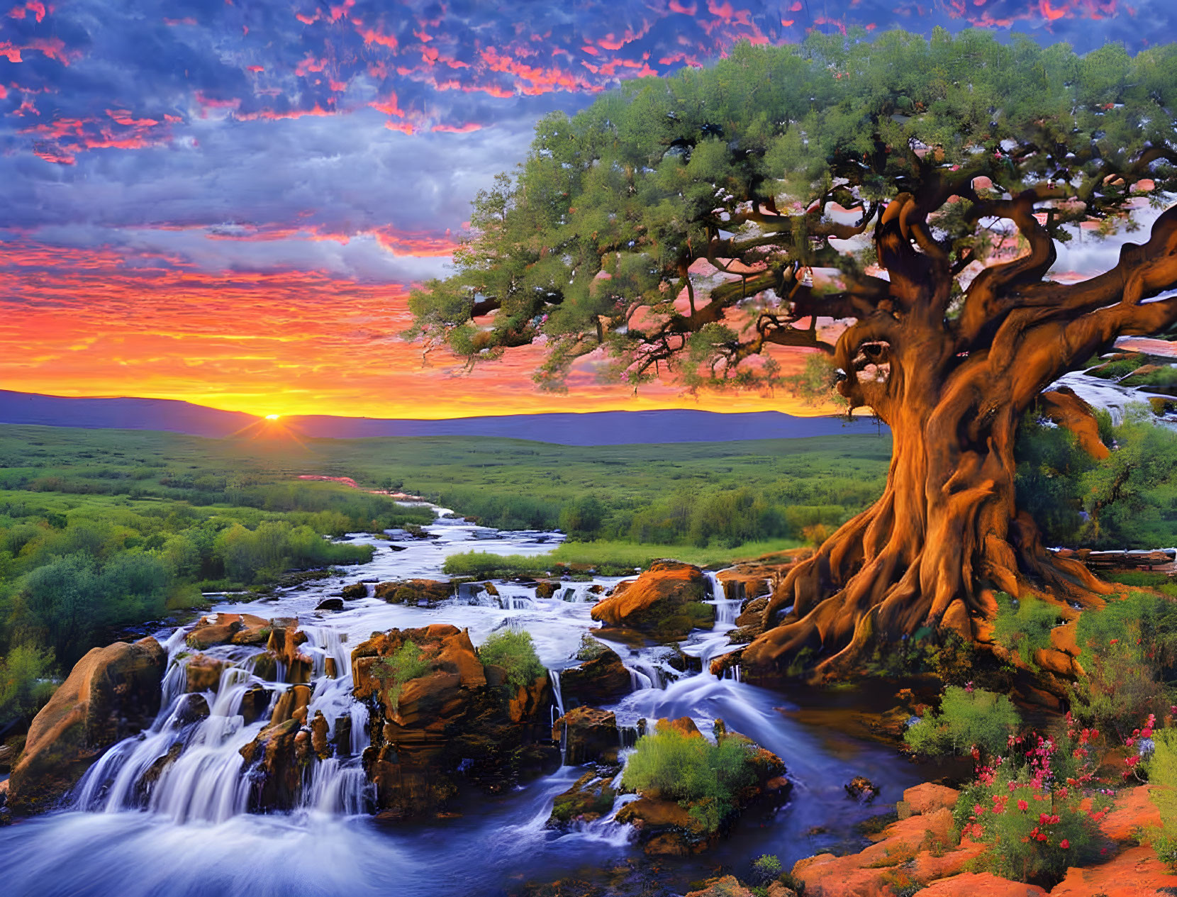 Majestic tree by cascading waterfalls under vibrant sunset sky