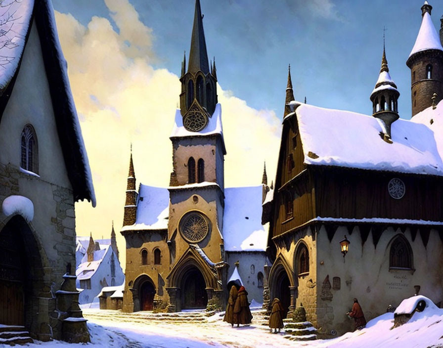 Snow-covered medieval village with gothic church and villagers in period clothing