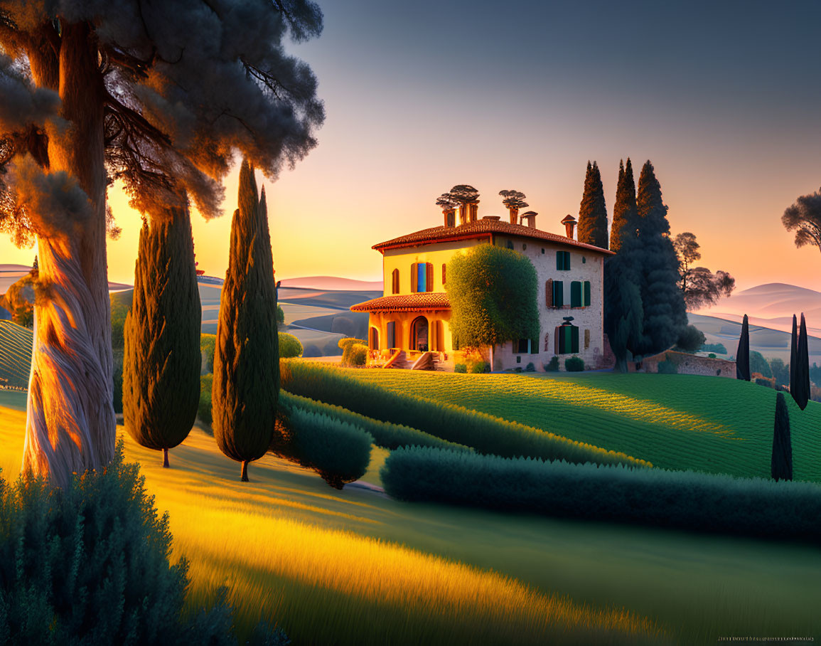 Tranquil Tuscan sunset scene with villa, Cypress trees, hills & fields