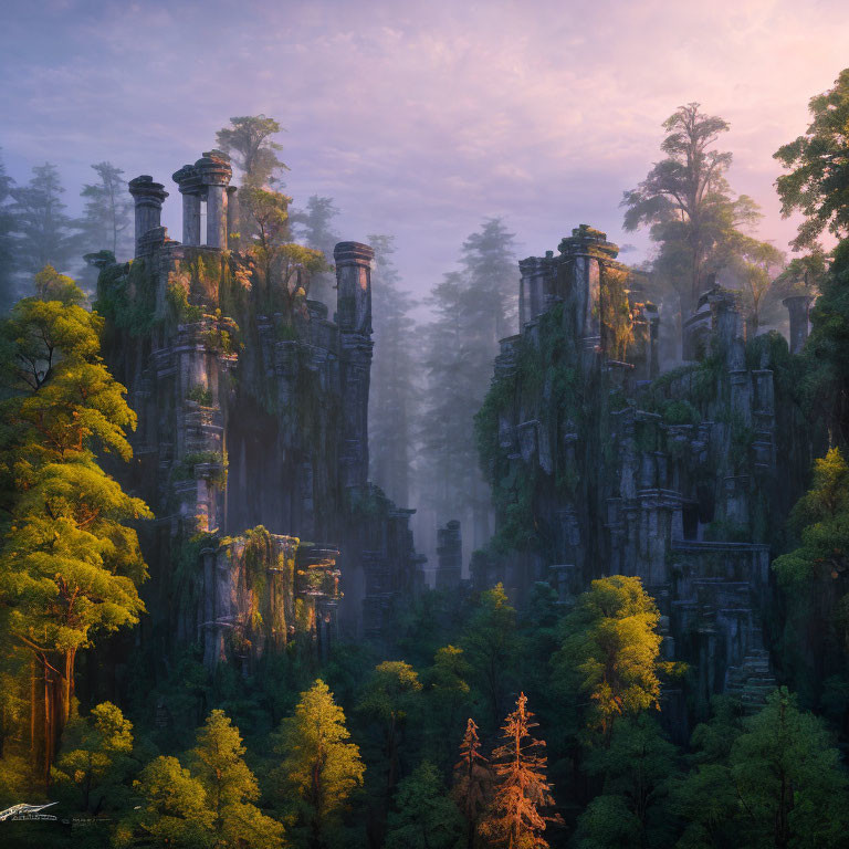 Mysterious ancient ruins in dense forest at dawn