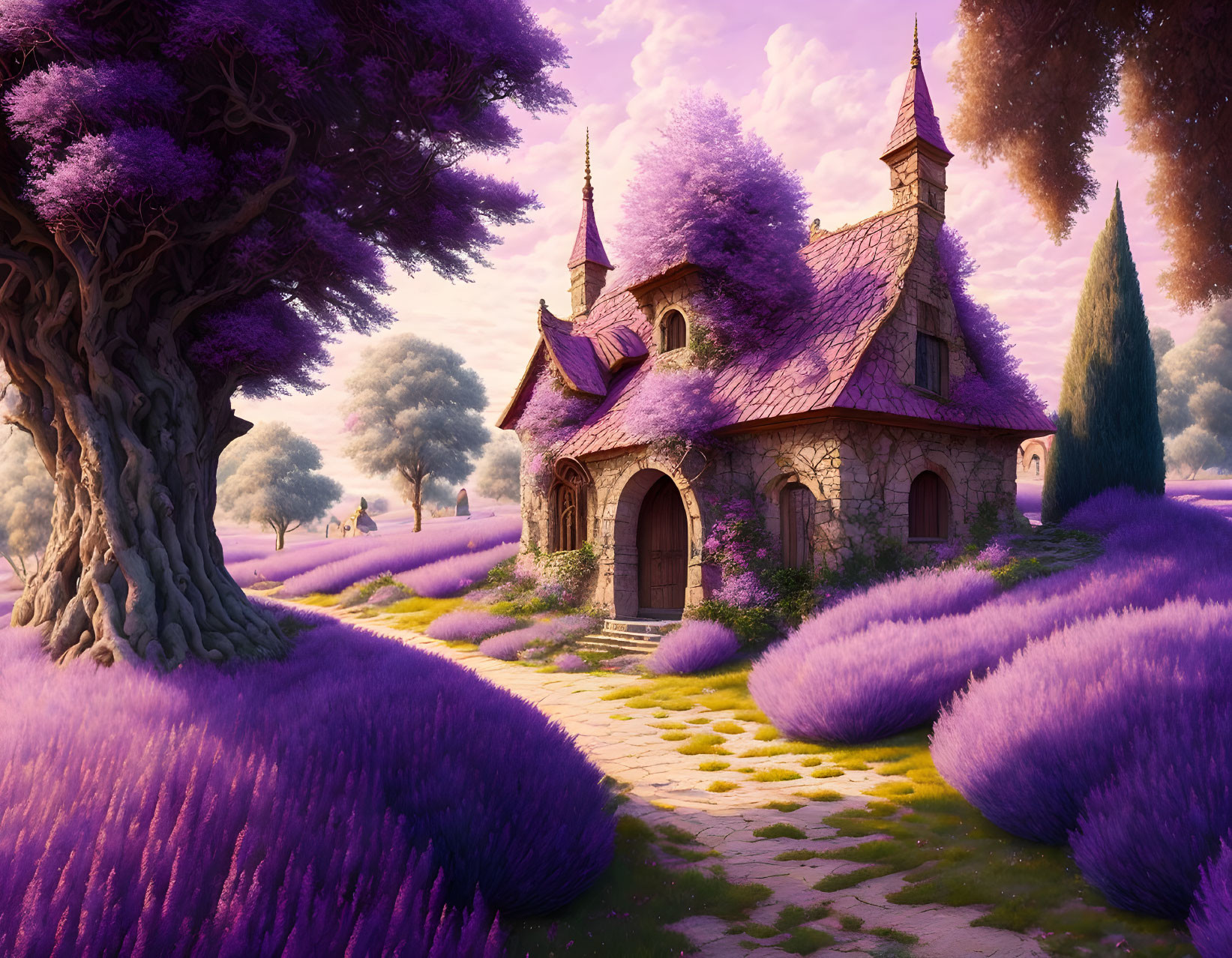 Stone Cottage Surrounded by Lavender Fields, Ancient Tree, and Golden Pathway