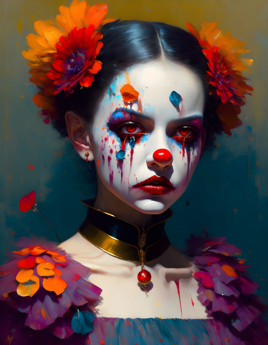 Person with Dramatic Clown-Inspired Makeup and Bright Floral Accents