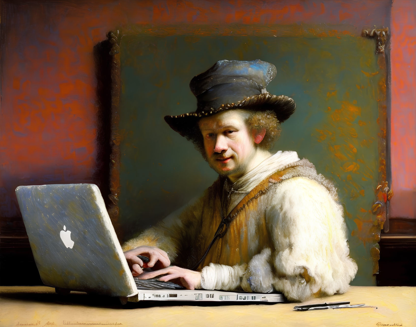 Classic painting merged with modern laptop in unique blend