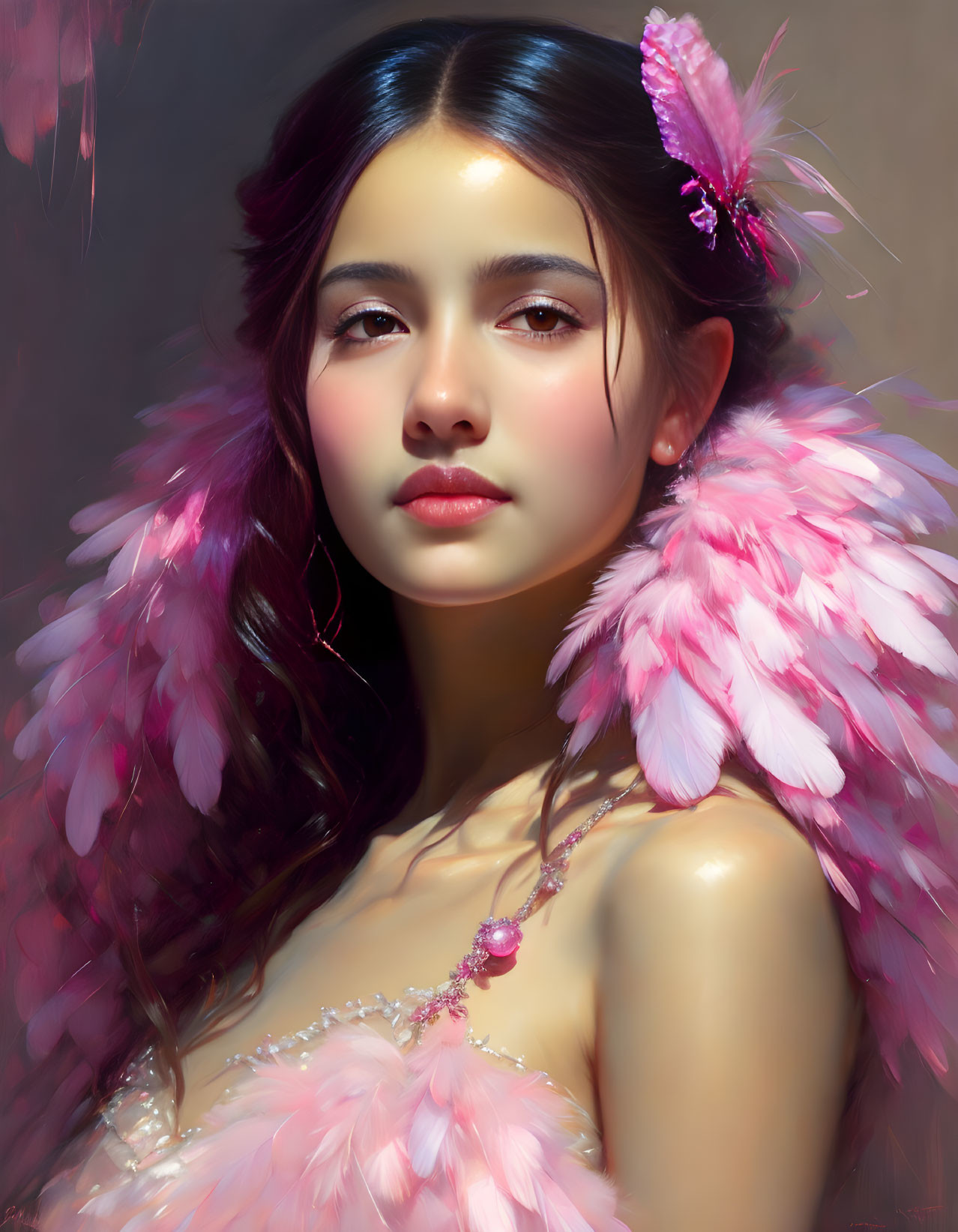 Digital painting: Young woman with pink feathers in hair and on shoulders