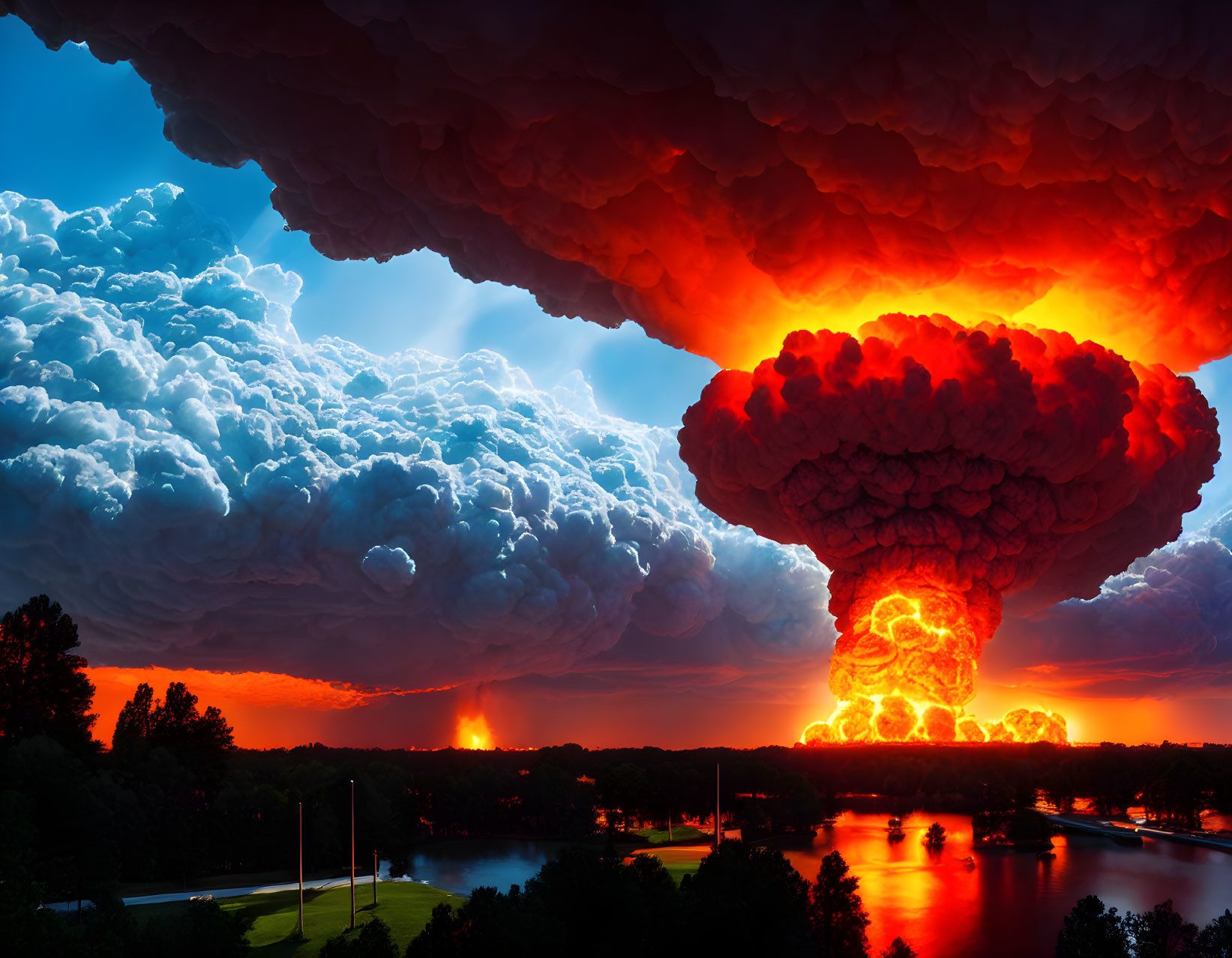 Explosion with mushroom cloud over serene lake at dusk