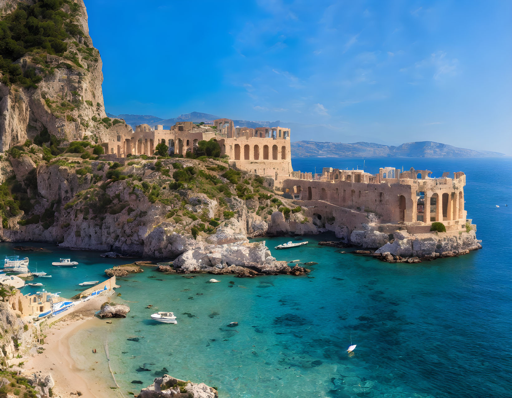 Ancient fortress ruins on cliff by clear blue sea with boats and small beach