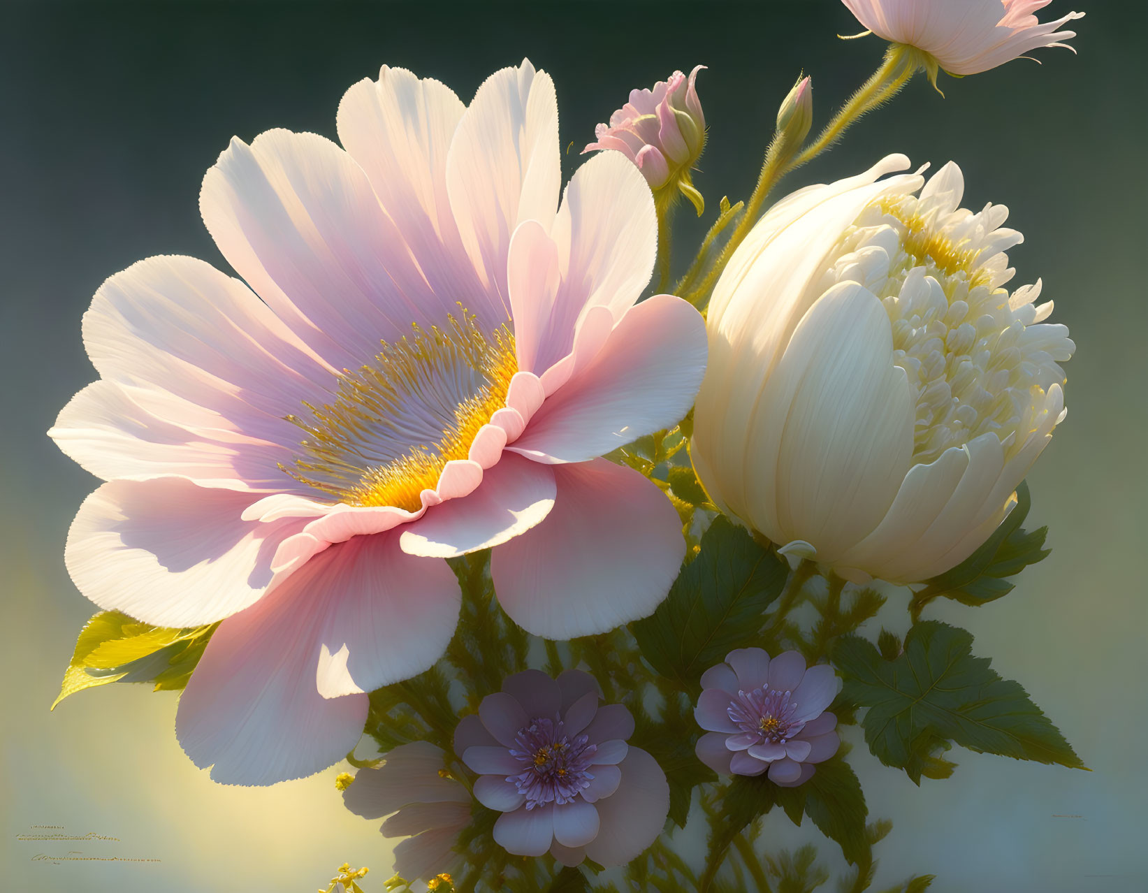 Pink and White Peony Bloom in Full Blossom with Bud and Smaller Flowers