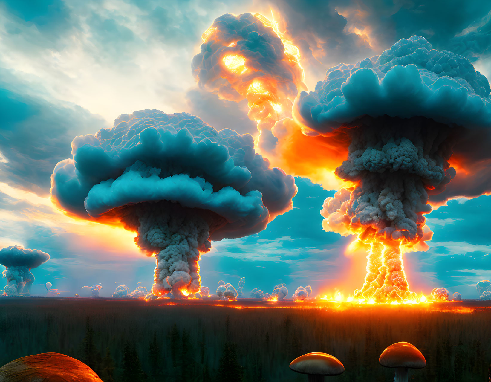 Explosive mushroom clouds in surreal landscape