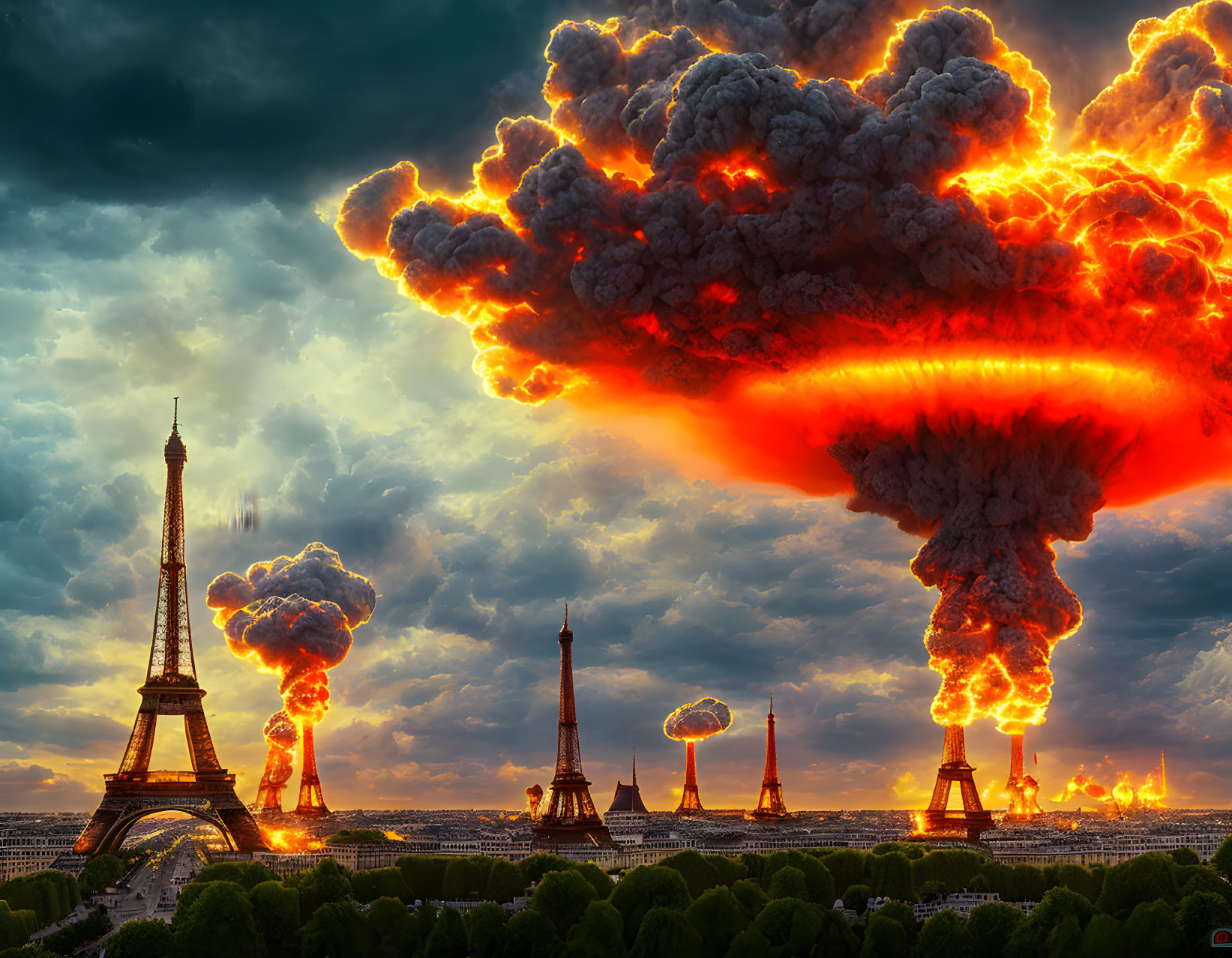 Apocalyptic Paris skyline with multiple Eiffel Towers and fiery clouds