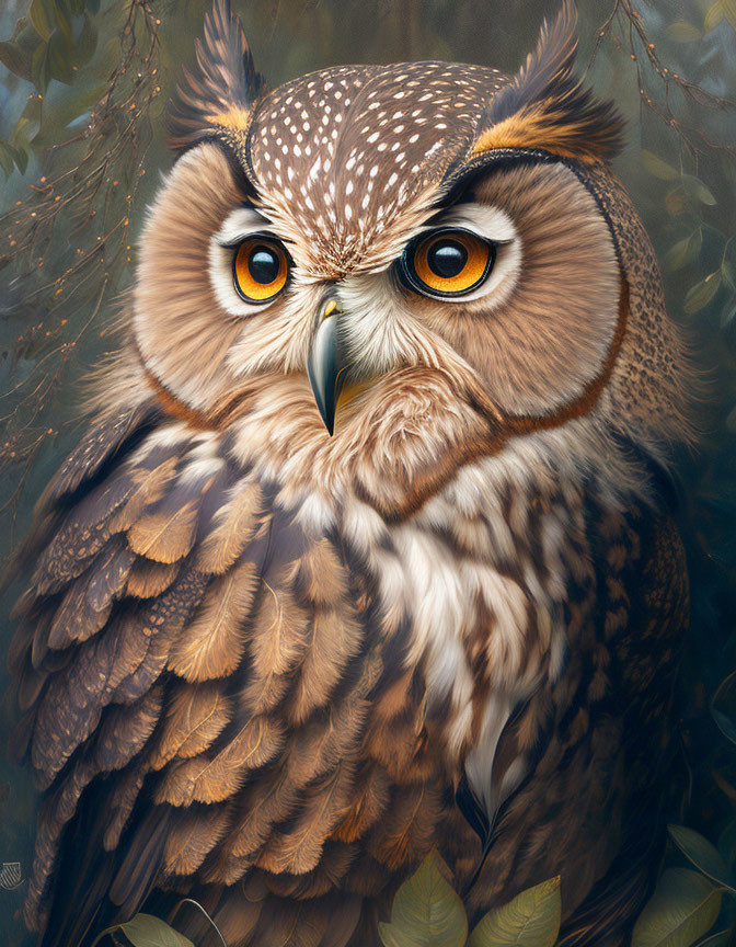 Detailed illustration of majestic owl with brown feathers and orange eyes in foliage.