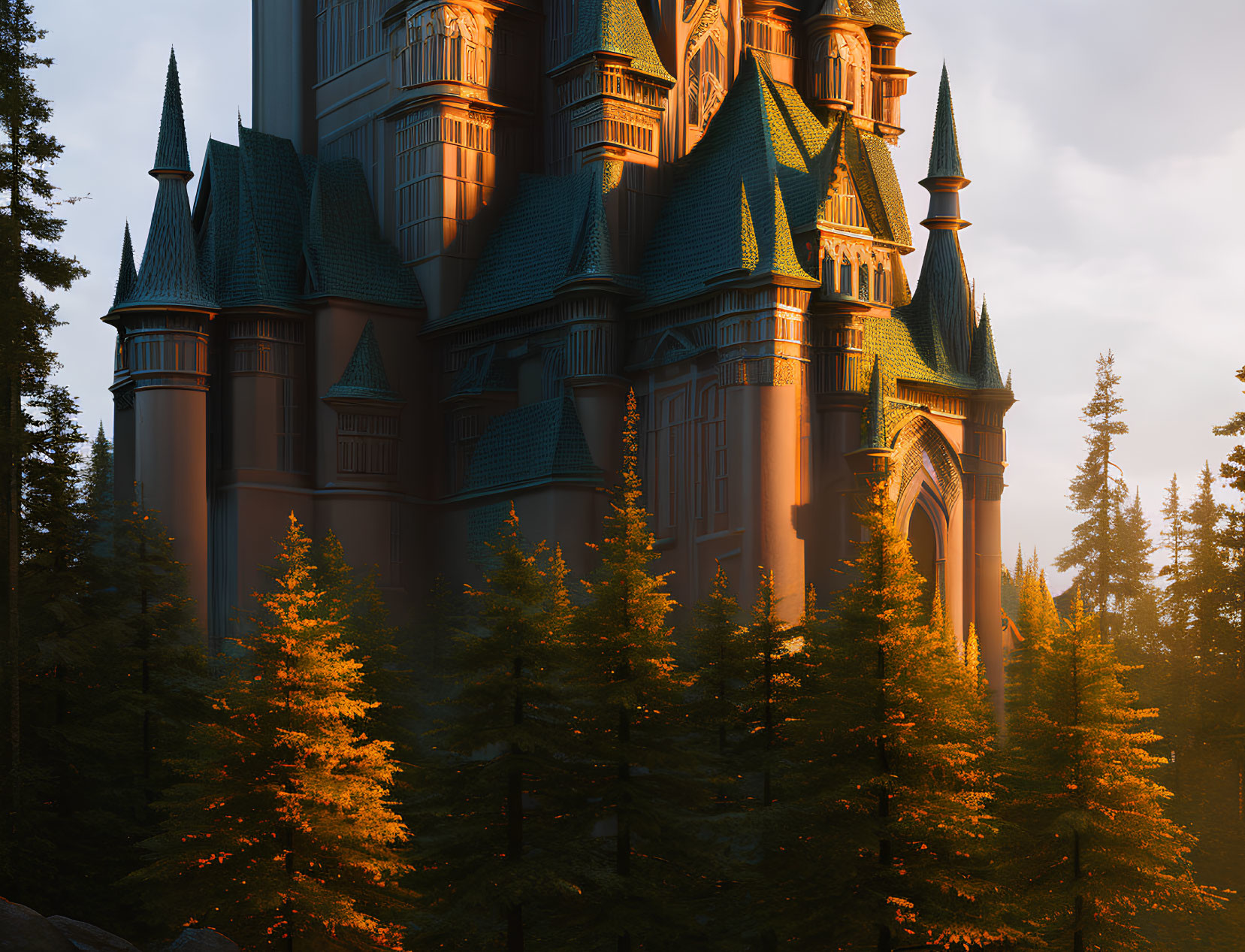 Majestic Castle with Towering Spires in Golden Sunset Forest