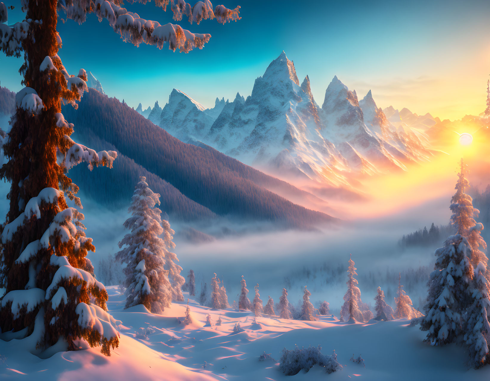 Snowy Pine Trees and Mountains at Sunset with Orange and Blue Sky and Foggy Valley