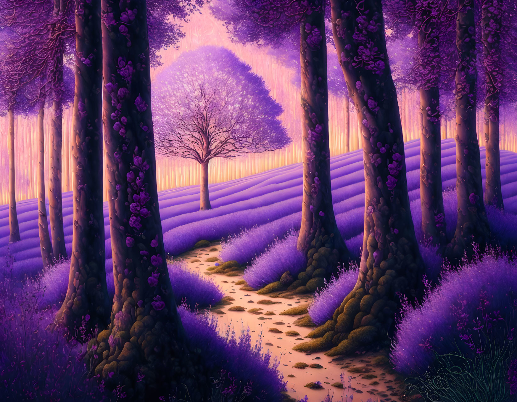 Lavender field with central tree, purple forest, twilight sky