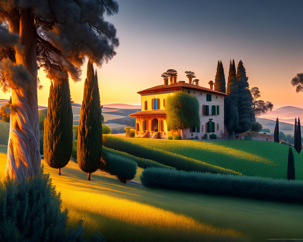 Tranquil Tuscan sunset scene with villa, Cypress trees, hills & fields