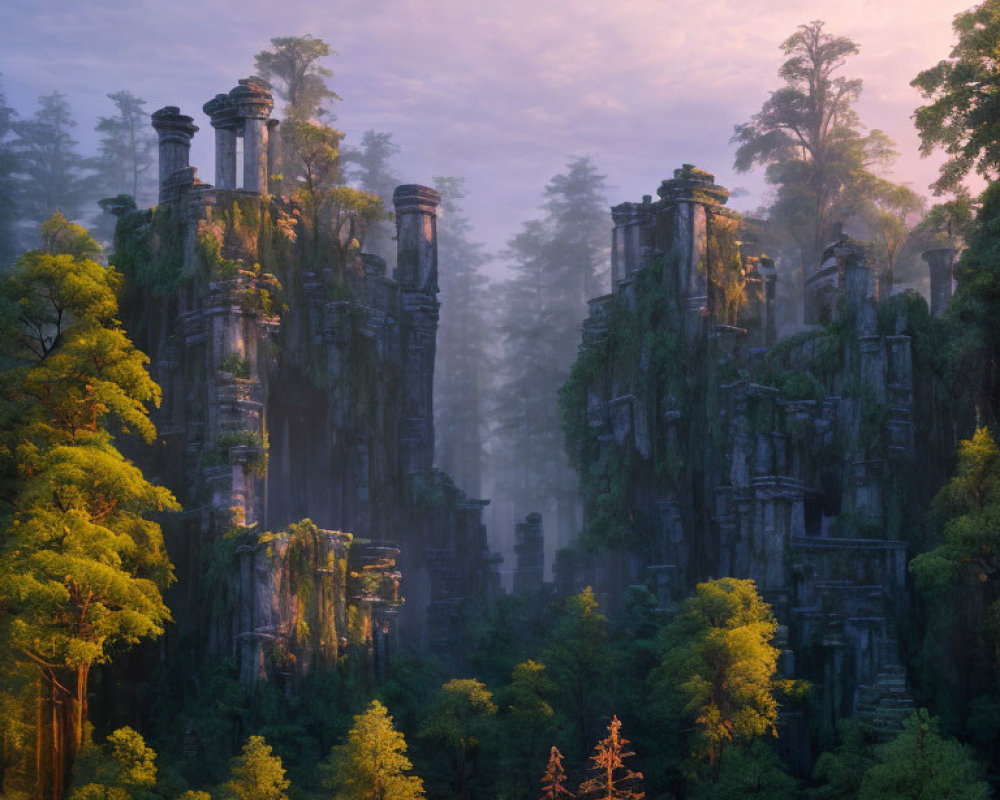 Mysterious ancient ruins in dense forest at dawn