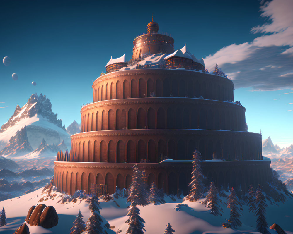 Circular Multi-tiered Building in Snowy Landscape with Mountains and Planets