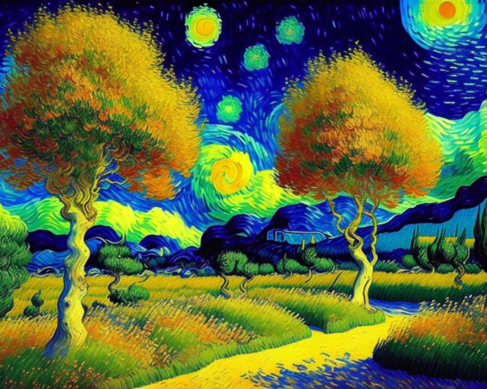 Colorful post-impressionist painting with blue sky, stars, yellow path, and cypress trees