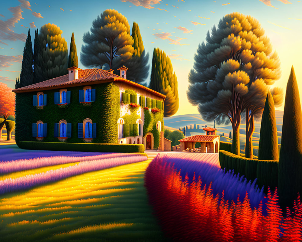 Colorful illustration of ivy-covered villa in vibrant landscape