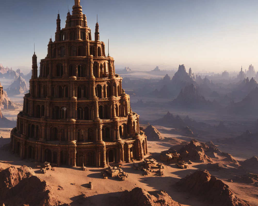 Ancient civilization tower in desert landscape